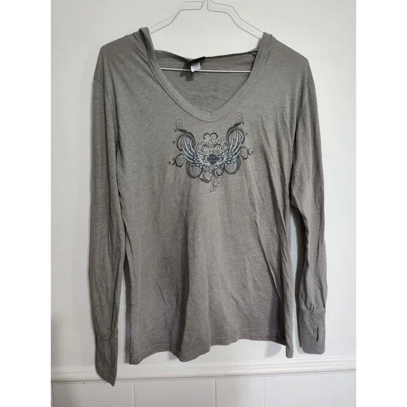 Y2K Harley Davidson Ladies Hooded Long Sleeve T-shirt Tattoo Wings Skater Avril - Picture 1 of 7